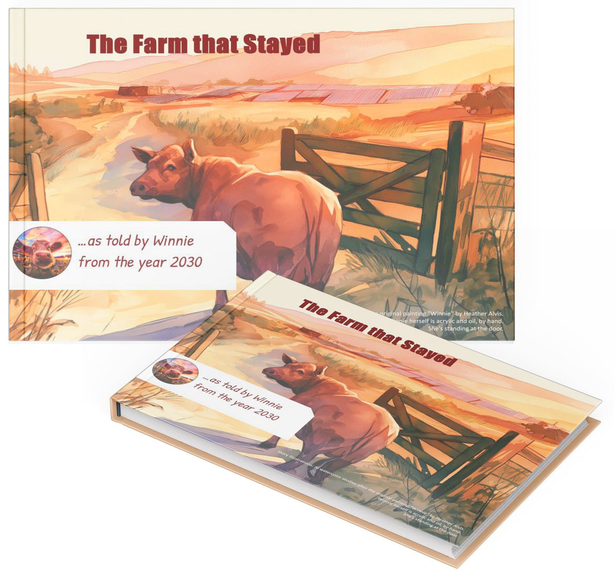 The Farm That Stayed storybook cover, Winnie the cow at a farm gate with solar panels beyond